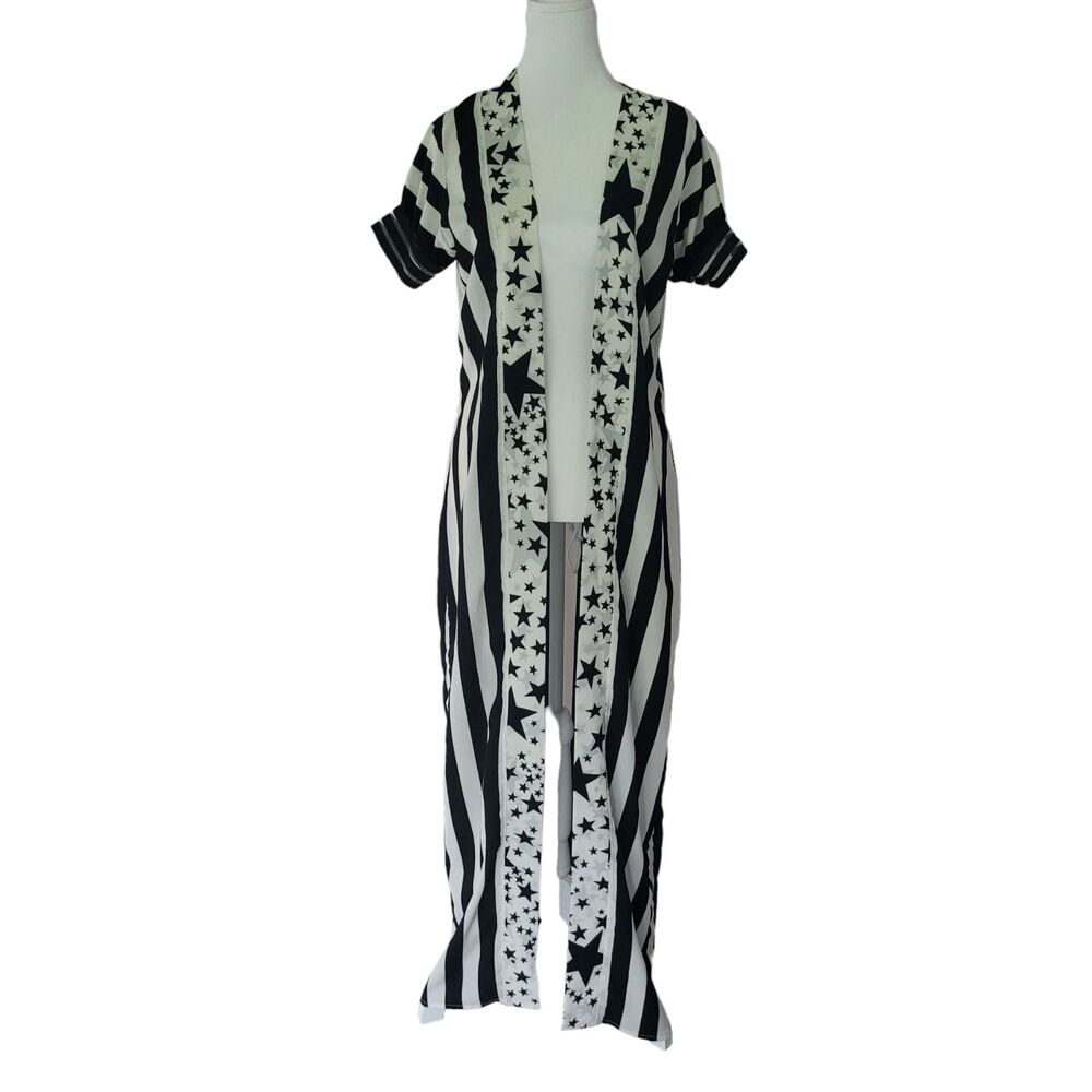Women Kimono Wrap Kimono Dress Stripes Stars Cover Up Robe Black White